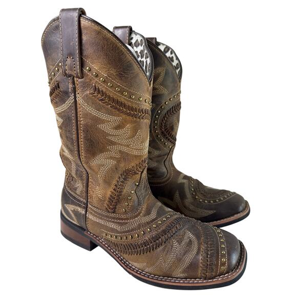Laredo Charli Western Boot Women's 8.5M Tan Leather Square Toe Metal Studs - Picture 1 of 13